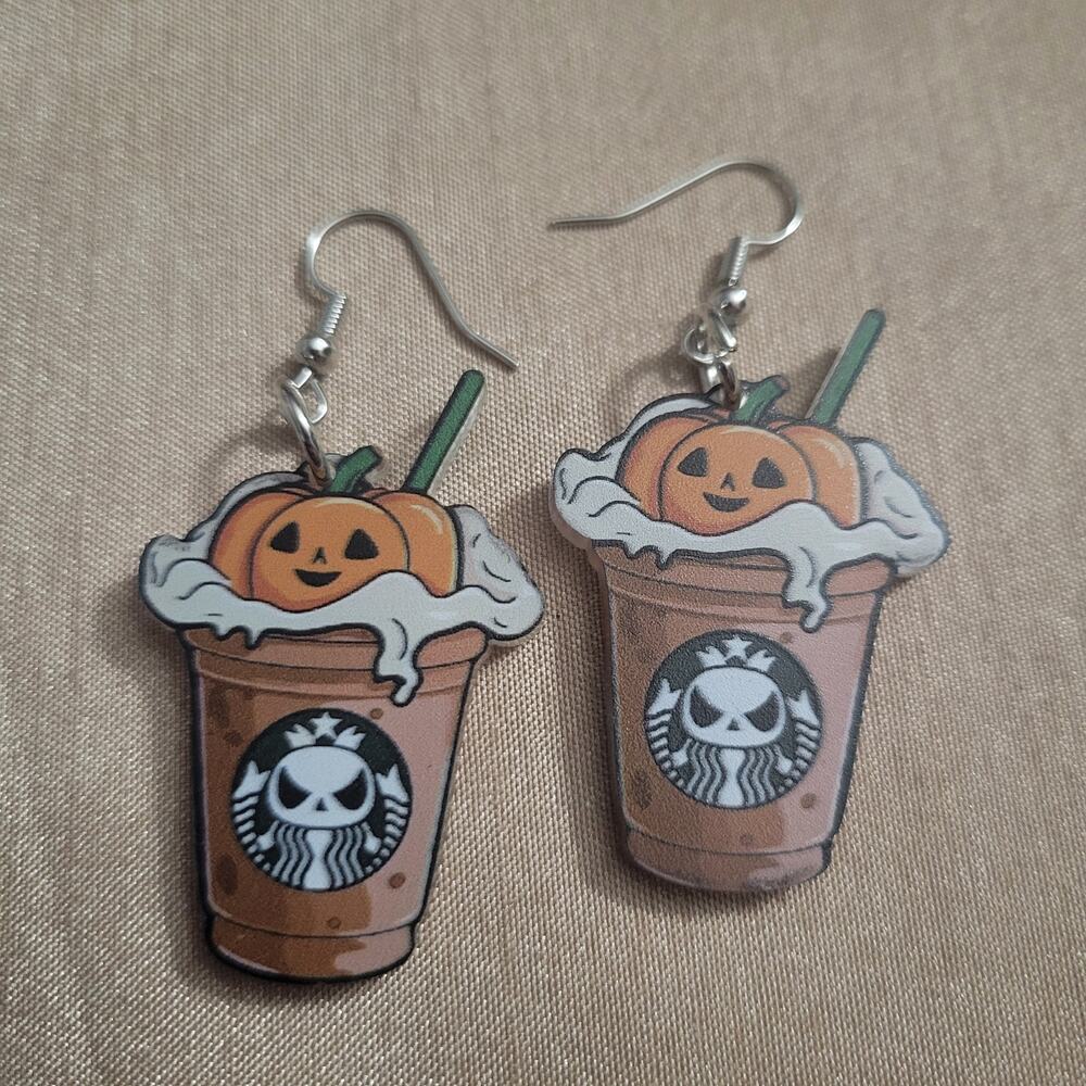 Fall pumpkin spice latte psl Starbucks theme coffee cup earrings with pumpkins